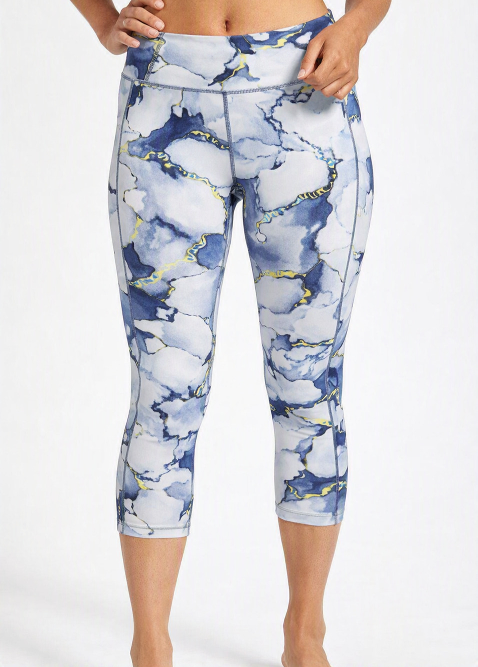 Under Armour “HeatGear” Printed Cropped Leggings Womens LG Blue Gray Yellow NEW